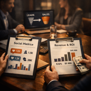 **Meta Title (max 60 characters)** Vanity Metrics vs Revenue: Measuring Social Media ROI **Meta Description (max 155 characters)** Learn how to measure social media ROI with clear tracking, ROI calculations, and revenue-first reporting that ties social to sales. --- ## Vanity Metrics vs. Revenue: How to Measure Social Media ROI You can measure social media ROI by tracking conversions and revenue back to specific social campaigns, then comparing profit to total costs. If you cannot connect social activity to leads, sales, or lifetime value, you are not measuring ROI, you are counting attention. Most Australian businesses are not short on likes, comments, or reach. They are short on commercial clarity. This guide shows you how to move from vanity metrics to revenue reporting, with practical setup steps, a simple social media ROI calculation, and examples you can apply straight away. --- ## Vanity metrics vs revenue metrics: what actually matters? Vanity metrics are numbers that look good but rarely prove business impact on their own. Revenue metrics tie activity to outcomes. ### Common vanity metrics (useful, but not ROI) - Followers gained - Post reach and impressions - Likes, comments, shares - Video views (especially 3-second views) - Link clicks without conversion context These help diagnose creative performance and audience resonance. They do not answer the CEO question: “What did we get back?” ### Revenue-first metrics (the ones that prove ROI) - Leads (qualified, not just form fills) - Cost per lead (CPL) and cost per acquisition (CPA) - Purchases and purchase value - Conversion rate from social traffic - Customer lifetime value (LTV) and payback period - Pipeline influenced (for B2B) If you are serious about **roi in social media**, your reporting needs to prioritise these measures and treat vanity metrics as supporting indicators only. --- ## What “social media ROI” really means (and what it is not) **Social media ROI** is the profit you generate from social media activities relative to what you spend on them. It is not: - “We grew followers by 20%” - “Engagement is up” - “Traffic increased” (unless it converts profitably) It is: - “Social generated $X in profit from $Y total spend, giving us Z% ROI” - “Paid social drove $X revenue at $Y CPA, with a payback of N days” - “Organic social contributed to assisted conversions worth $X” A key nuance: ROI can be **direct** (last-click purchases) and **assisted** (social helped, but another channel closed). Both can be valid. The trick is reporting them honestly and separately. --- ## How to measure ROI on social media (a practical framework) If you have ever asked, **“how do you measure ROI on social media?”** this is the simplest way to do it without drowning in dashboards. ### 1) Set a single commercial objective per campaign Examples: - Ecommerce: purchases and average order value - Lead gen: qualified leads and booked calls - B2B: demo requests and pipeline created - Retail: store visits (with tracked offers) Avoid vague goals like “awareness” unless you also define how awareness will be monetised (for example, retargeting to drive purchases at a target CPA). ### 2) Decide what counts as a conversion Be explicit. A conversion could be: - Purchase (thank-you page + payment confirmation) - Quote request - Phone call longer than 60 seconds - Appointment booked - Email signup (only if you can value it) Then assign a value: - Direct value: revenue per purchase - Estimated value: lead value = close rate × average sale × gross margin This step is where most businesses break ROI. If every lead is counted as equal, your numbers will look “good” and your bank account will disagree. ### 3) Track properly (UTMs, pixels, and CRM) To **measure roi social media marketing**, tracking needs to be consistent. Minimum setup: - UTM parameters on every campaign link - Meta Pixel and/or LinkedIn Insight Tag installed - GA4 conversion events configured - CRM tracking for lead source and deal value (HubSpot, Salesforce, Pipedrive etc.) UTM example: - utm_source=facebook - utm_medium=paid_social - utm_campaign=EOFY_offer - utm_content=video_variant_a Without UTMs, attribution becomes guesswork. With them, you can segment performance by platform, campaign, creative, and audience. ### 4) Capture total cost (not just ad spend) A real **roi for social media** includes all costs, such as: - Paid media spend - Agency or contractor fees - Content production (video, design, photography) - Tools (scheduling, reporting, landing pages) - Internal time (optional, but recommended for true ROI) If you only count ad spend, your ROI will be inflated and decisions will be distorted. ### 5) Report outcomes weekly, assess ROI monthly Weekly: monitor CPA, conversion rate, and creative performance. Monthly: calculate ROI once enough data has accumulated and sales have had time to close. --- ## Social media ROI calculation: the formulas you actually need When people search **social media roi calculation** or **calculating roi on social media**, they usually want a clear formula. Here are the core ones. ### ROI (percentage) **ROI % = [(Revenue − Cost) ÷ Cost] × 100** If you prefer profit: **ROI % = (Profit ÷ Cost) × 100** Where profit can be calculated as: **Profit = Revenue × Gross Margin − Cost** ### ROAS (return on ad spend) **ROAS = Revenue ÷ Ad Spend** ROAS is useful, but it ignores non-ad costs and margins. It is not ROI. ### Cost per acquisition (CPA) **CPA = Total Cost ÷ Number of Customers Acquired** For lead gen, use CPL and a cost per sale: - **CPL = Total Cost ÷ Leads** - **Cost per sale = Total Cost ÷ Closed customers** ### Worked example (ecommerce) - Ad spend: $6,000 - Creative production: $1,000 - Agency fee: $2,000 - Total cost: $9,000 - Revenue attributed to social: $30,000 - Gross margin: 40% Profit from sales = $30,000 × 0.40 = $12,000 Profit after marketing cost = $12,000 − $9,000 = $3,000 ROI % = ($3,000 ÷ $9,000) × 100 = **33.3%** ROAS = $30,000 ÷ $6,000 = **5.0x** Notice how ROAS looks fantastic, while true ROI is more modest once costs and margin are considered. This is why revenue reporting alone can still mislead. --- ## Measuring social media ROI for lead generation (the part most businesses avoid) Lead gen is where owners ask: **“can you measure the roi of your social media marketing”** if the sale happens weeks later? Yes, but you need two layers of measurement. ### Layer 1: Front-end efficiency (weekly) - CPL - Cost per booked call - Landing page conversion rate - Lead quality rate (percentage that meet criteria) ### Layer 2: Back-end revenue (monthly or quarterly) - Close rate by lead source - Average deal value by lead source - Sales cycle length by lead source - Pipeline value created #### Worked example (service business) - Total monthly social cost: $8,000 - Leads: 80 - Qualified leads: 40 - New customers: 10 - Average sale: $3,500 - Gross margin: 60% Revenue = 10 × $3,500 = $35,000 Gross profit = $35,000 × 0.60 = $21,000 Net profit after marketing cost = $21,000 − $8,000 = $13,000 ROI % = ($13,000 ÷ $8,000) × 100 = **162.5%** This is a clean, defensible way of **measuring social media ROI** for lead gen, as long as your CRM records source and outcomes. --- ## Attribution: how to be honest without underselling social Attribution is the reason ROI gets messy. Social often creates demand, then search or email converts it. Here is a practical approach: - Report **Last-click ROI** (strict, conservative) - Report **Assisted conversions** (supporting evidence) - Use **platform attribution** as directional, not absolute What to avoid: - Claiming all revenue that touched social at any stage - Comparing Meta “reported purchases” directly with GA4 without context - Ignoring incrementality (what would have happened anyway) If your business has longer buying cycles, consider: - Tracking “first touch” and “lead source” in CRM - Running periodic lift tests (where budget allows) - Comparing cohorts exposed to social vs not exposed --- ## What to include in a revenue-first social media ROI report A good monthly report should fit on one page before the details. Include: - Total spend (ads + production + management) - Conversions and revenue (by campaign) - CPA / CPL and conversion rates - ROI % (not just ROAS) - What changed this month and why - Next actions tied to forecast impact If you are producing content internally, add one line on resourcing and output (for example, number of creatives tested). It keeps the conversation grounded in what it takes to generate results. --- ## When social media ROI looks “bad” but the channel is still worth it Sometimes ROI is temporarily down for valid reasons: - You are entering a new market and learning - Your offer needs work (pricing, packaging, proof) - Your website conversion rate is dragging results down - Sales follow-up is slow, lowering close rate - You are investing in creative testing to unlock scale This is why ROI should never be a single number in isolation. It needs context: margins, capacity, sales process, and time to close. If you want support building a revenue-first approach, a specialist **[social media marketing agency](/social-media-marketing/)** can help with tracking, creative testing, landing pages, and performance reporting that stands up in a boardroom. --- ## Conclusion: stop reporting attention, start reporting profit Vanity metrics can help you improve content, but they do not prove business impact. To measure **social media ROI**, set a commercial goal, track conversions with UTMs and pixels, calculate ROI using revenue, margin and total costs, and report last-click results alongside assisted impact. When you do this consistently, you can make clear decisions about what to scale, what to cut, and what to fix across your funnel. If you want ROI reporting you can trust and performance you can scale, talk to our team at our **[digital marketing agency](/)** and we will map your tracking, attribution, and growth plan. --- ## Suggested FAQ Section (3-5 questions) 1. What is the difference between ROAS and social media ROI? 2. How do I calculate social media ROI for a lead generation business? 3. What tools do I need to measure ROI on social media accurately? 4. Which social media metrics should I report to management? 5. Why does GA4 revenue not match Meta or LinkedIn reported revenue? --- ## Suggested Schema FAQ Questions - What is the difference between ROAS and social media ROI? - How do I calculate social media ROI for lead generation? - What tools do I need to measure ROI on social media? - Which metrics matter most when measuring social media ROI? - Why does GA4 attribution differ from platform attribution for social ads?